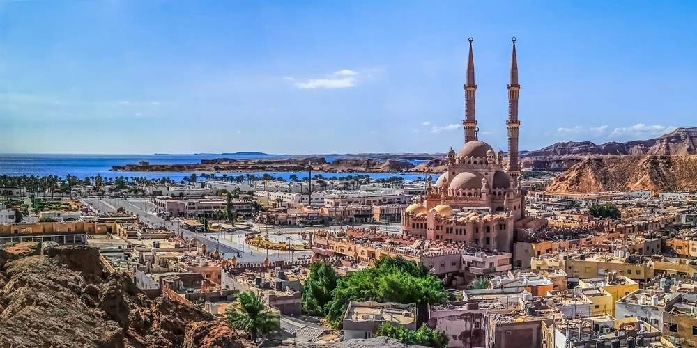 Wide-angle-drone-panorama-of-Sharm-El-Sheikh-coastline-with-Al-Sahaba-Mosque